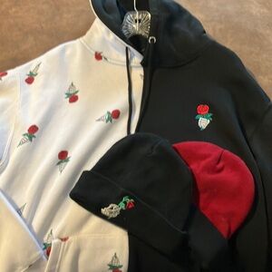 Eighty Eight White and Black Hoodie with Skeleton Hand & Rose Embroidery‎